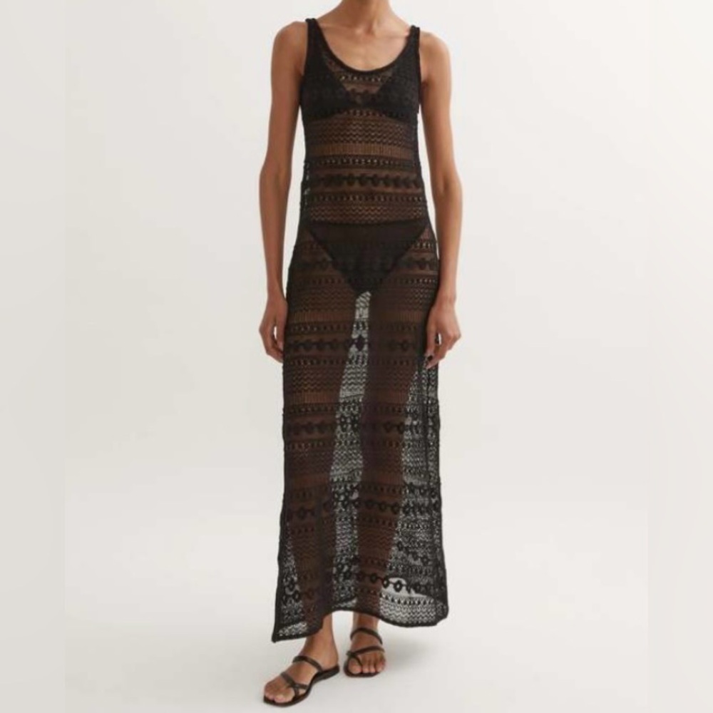 Hyde & Stone Black Sigrid Lace Open Knit Maxi Slip Dress Cover-Up Sleeve XS NWT